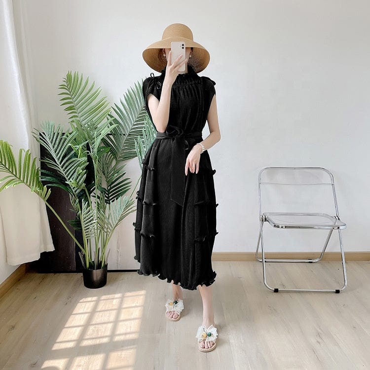OUDINA New Clothes Loose Elegant Fungus Lace Belt Pleated Dress Vintage Women Casual Dresses