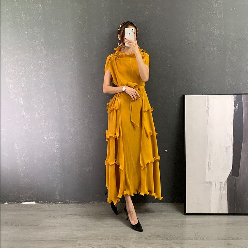 OUDINA New Clothes Loose Elegant Fungus Lace Belt Pleated Dress Vintage Women Casual Dresses