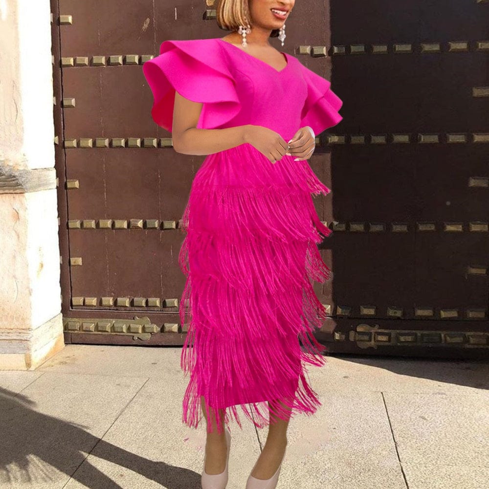 OUDINA New Fall Lotus Leaf Sleeve High Waist Fringed Tassel Bodycon Party Dress Elegant Women Evening Dresses