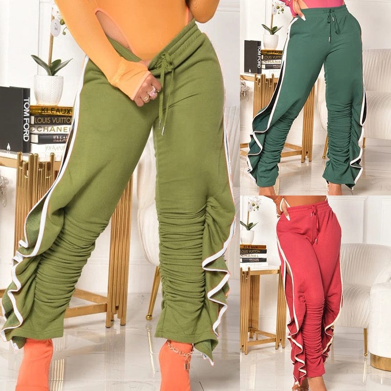 OUDINA New Fashion Casual Contrast Casual Color Elastic Irregular Sports Casual Sweat Joggers Women Stacked Pants