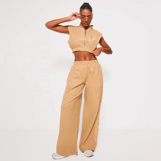 OUDINA New Fashion Casual Solid Color Cardigan Vest Casual Straight Sweatpants Suit Two Piece Set Women Clothing