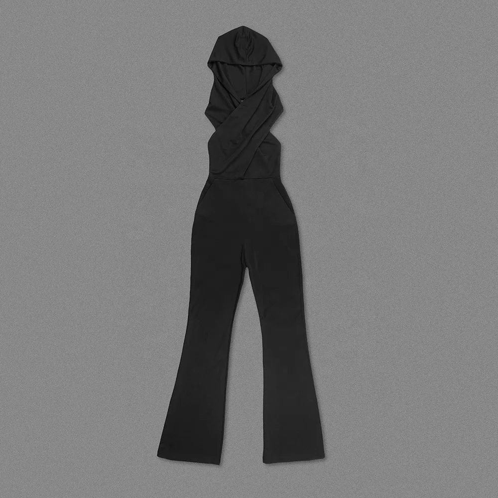 OUDINA New Fashion Clothes Black Backless Pocket Hoodie Rompers Women Jumpsuit Playsuits Women's Jumpsuits