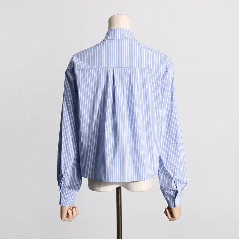 OUDINA New Fashion Drawstring Pleated Tassel Lapel Long-sleeved Ladies Single-breasted Cropped Shirt Women