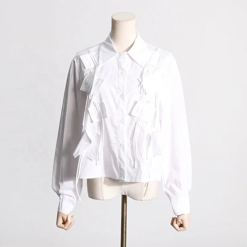 OUDINA New Fashion Drawstring Pleated Tassel Lapel Long-sleeved Ladies Single-breasted Cropped Shirt Women