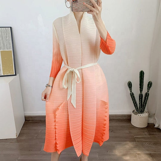 OUDINA New Fashion Loose Gradient Color Plus Size Long Casual Elegant Womans Dress Abaya Pleated For Dresses