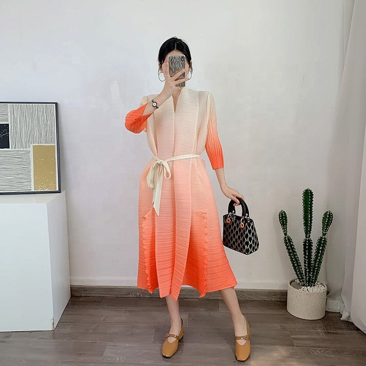OUDINA New Fashion Loose Gradient Color Plus Size Long Casual Elegant Womans Dress Abaya Pleated For Dresses