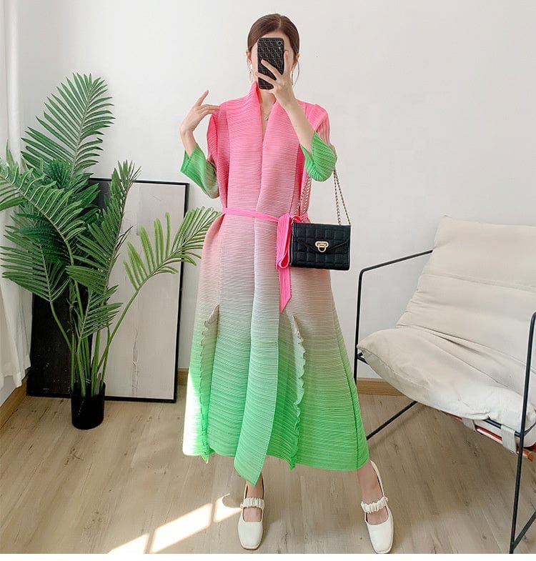 OUDINA New Fashion Loose Gradient Color Plus Size Long Casual Elegant Womans Dress Abaya Pleated For Dresses