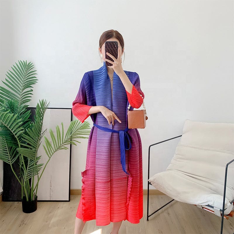 OUDINA New Fashion Loose Gradient Color Plus Size Long Casual Elegant Womans Dress Abaya Pleated For Dresses