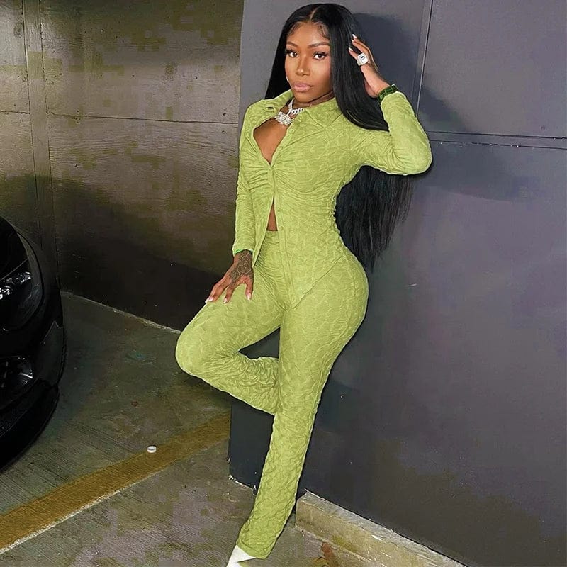 OUDINA New Fashion Pants Sets For Women Two Pieces Jacquard Tight Long Sleeve Top Trousers Casual Women Two Piece Set