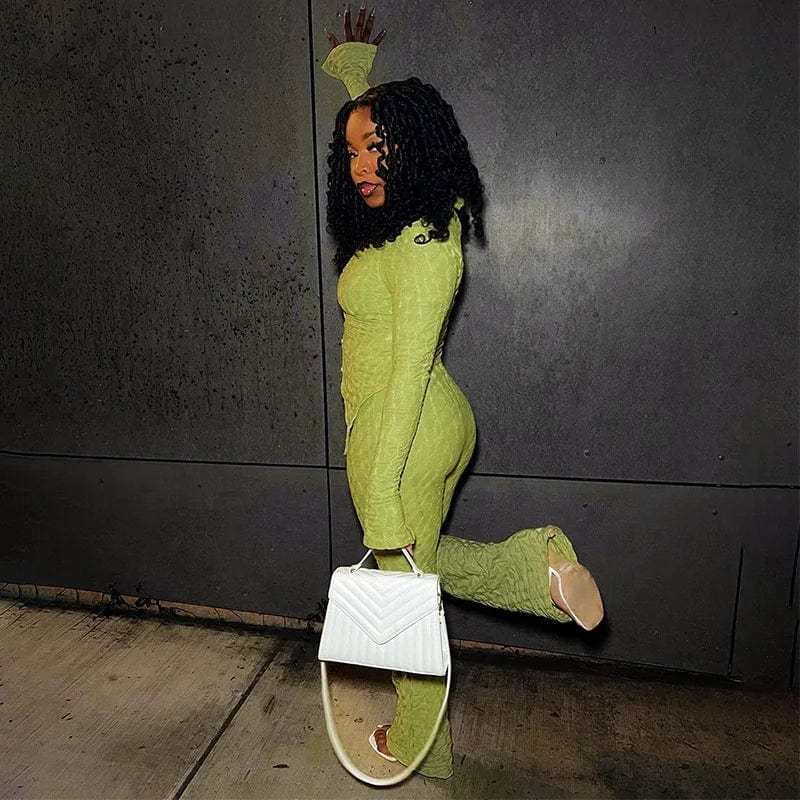 OUDINA New Fashion Pants Sets For Women Two Pieces Jacquard Tight Long Sleeve Top Trousers Casual Women Two Piece Set