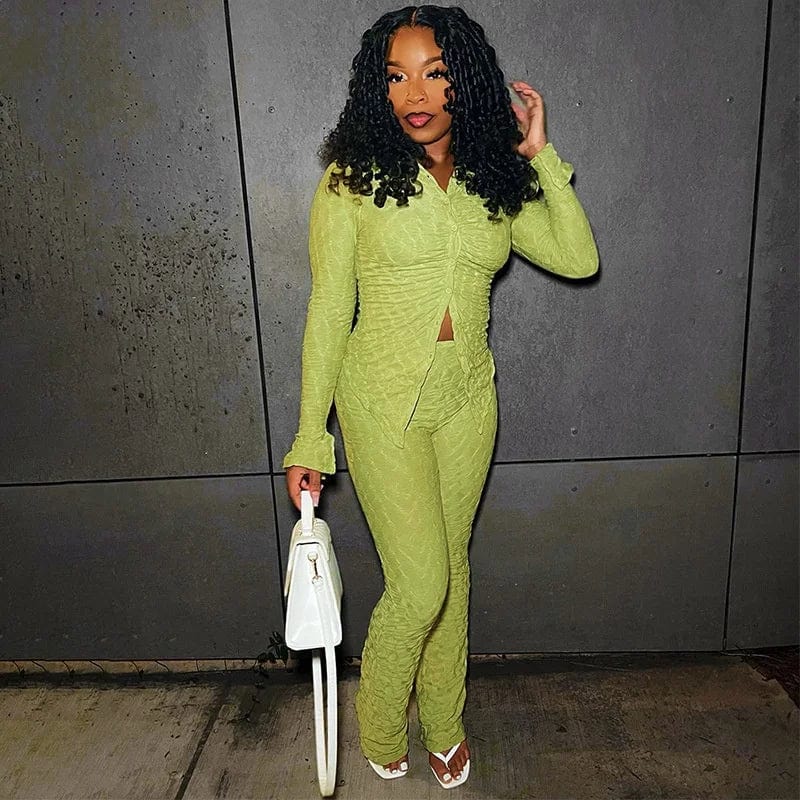 OUDINA New Fashion Pants Sets For Women Two Pieces Jacquard Tight Long Sleeve Top Trousers Casual Women Two Piece Set