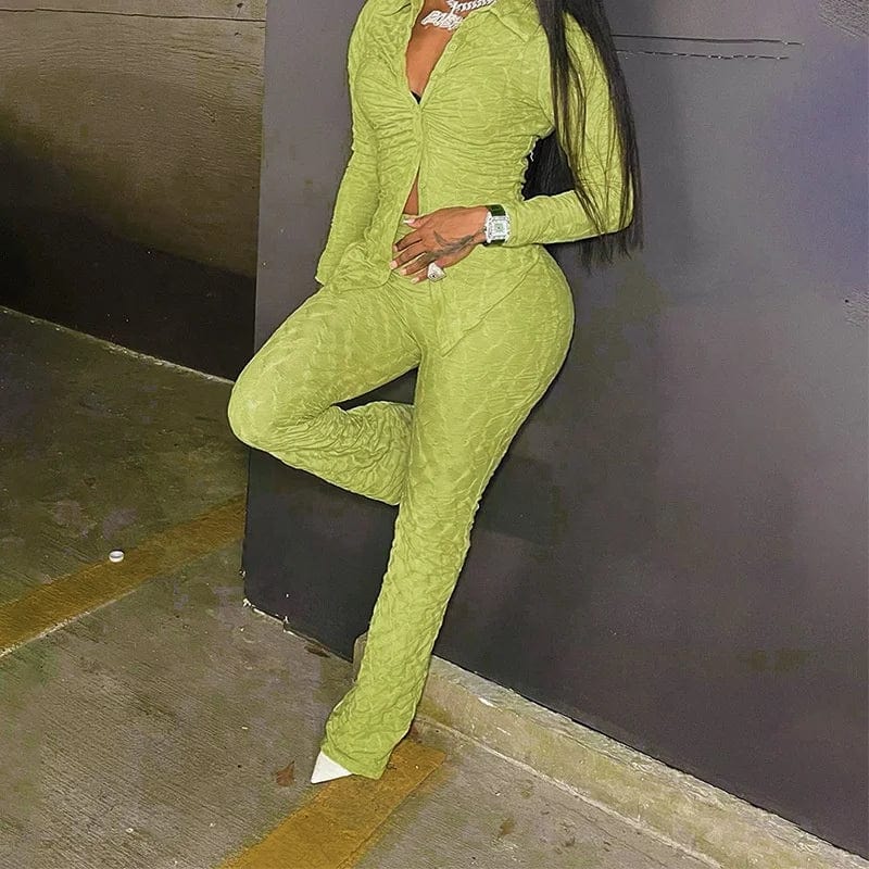 OUDINA New Fashion Pants Sets For Women Two Pieces Jacquard Tight Long Sleeve Top Trousers Casual Women Two Piece Set