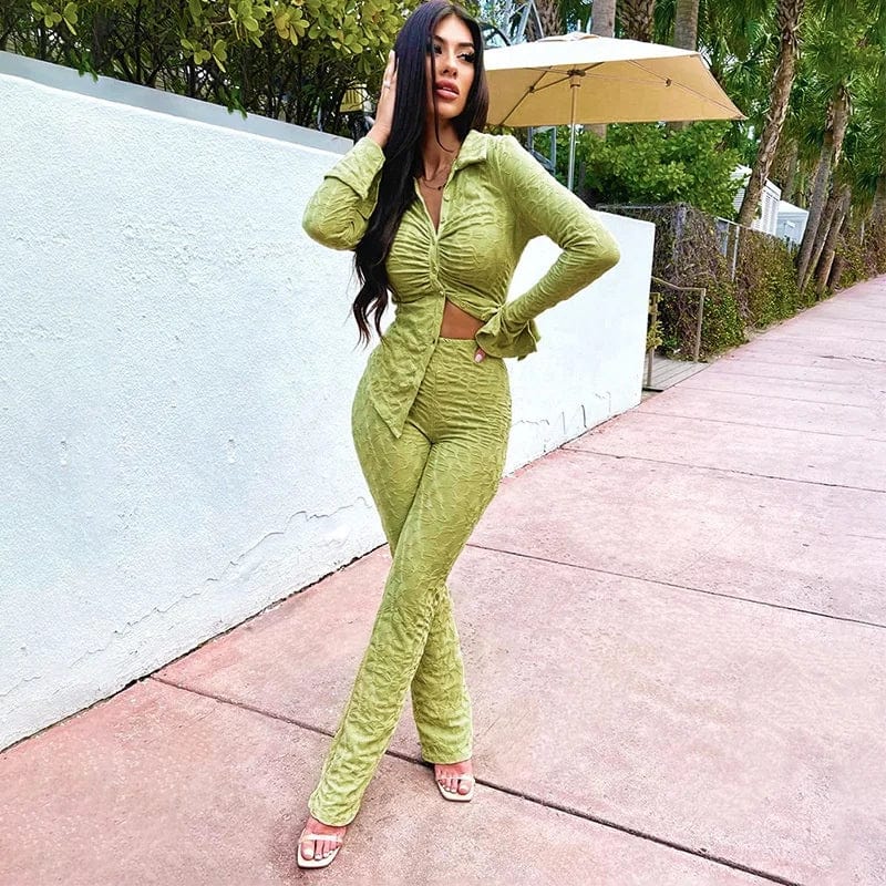 OUDINA New Fashion Pants Sets For Women Two Pieces Jacquard Tight Long Sleeve Top Trousers Casual Women Two Piece Set