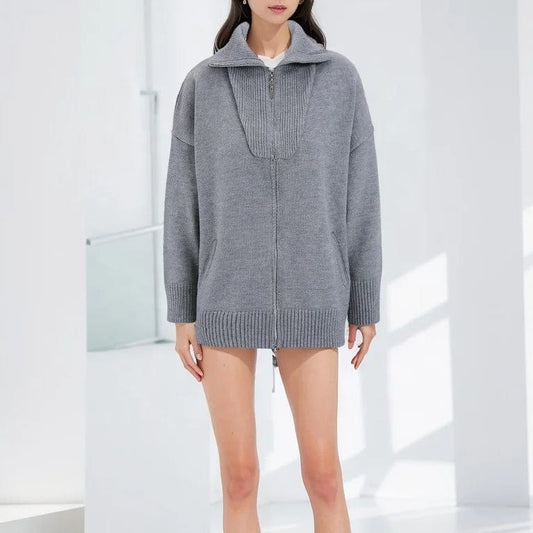 OUDINA New Fashion Personalized Knit Sweater Woman Lazy Style Loose-fitting Spring Double Zipper Design Ladies Sweaters