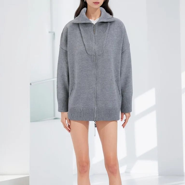 OUDINA New Fashion Personalized Knit Sweater Woman Lazy Style Loose-fitting Spring Double Zipper Design Ladies Sweaters