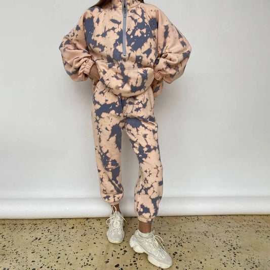 OUDINA New Fashion Printed Sweatshirt Suit Winter Two Piece Sweatpants Set Half-zip Loose Long Women's Sets