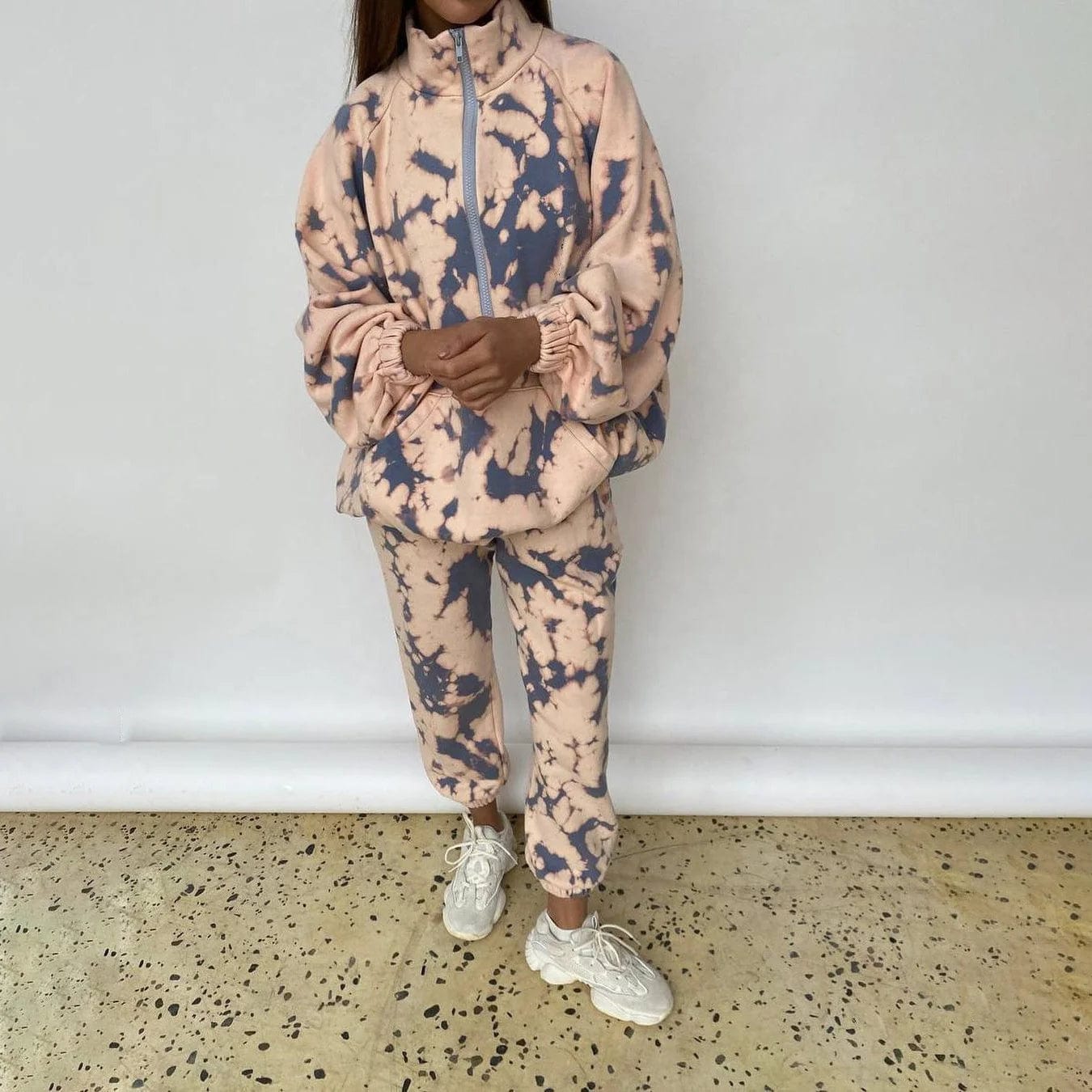 OUDINA New Fashion Printed Sweatshirt Suit Winter Two Piece Sweatpants Set Half-zip Loose Long Women's Sets