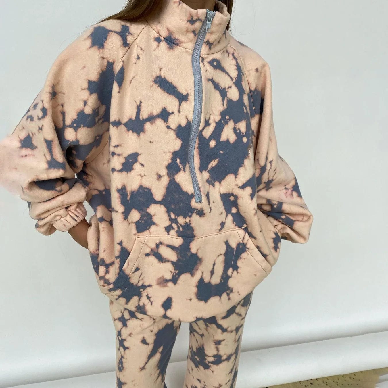 OUDINA New Fashion Printed Sweatshirt Suit Winter Two Piece Sweatpants Set Half-zip Loose Long Women's Sets