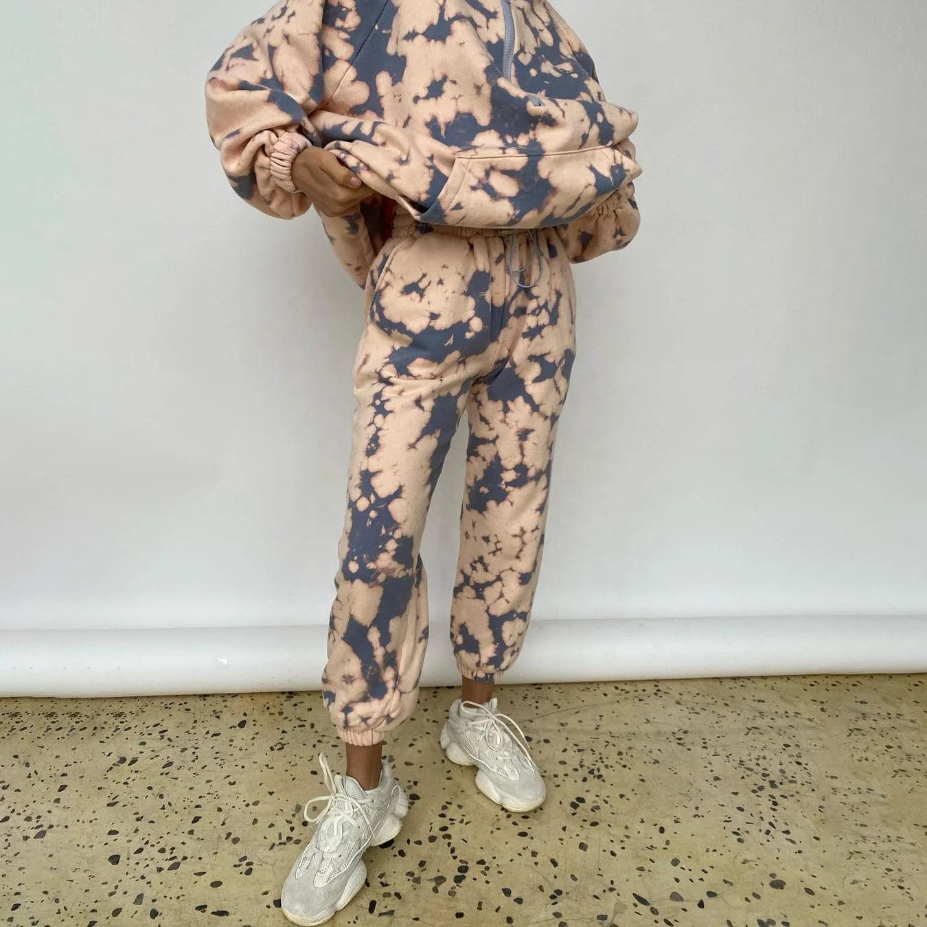 OUDINA New Fashion Printed Sweatshirt Suit Winter Two Piece Sweatpants Set Half-zip Loose Long Women's Sets