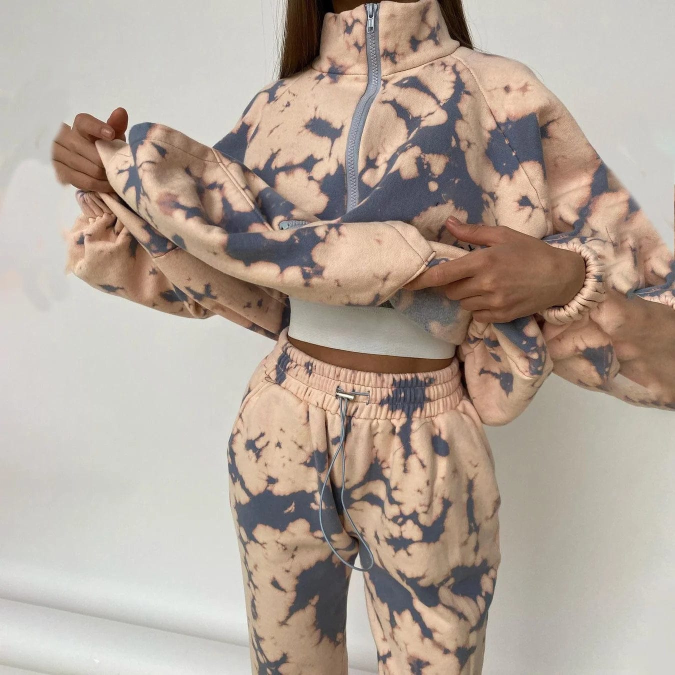 OUDINA New Fashion Printed Sweatshirt Suit Winter Two Piece Sweatpants Set Half-zip Loose Long Women's Sets