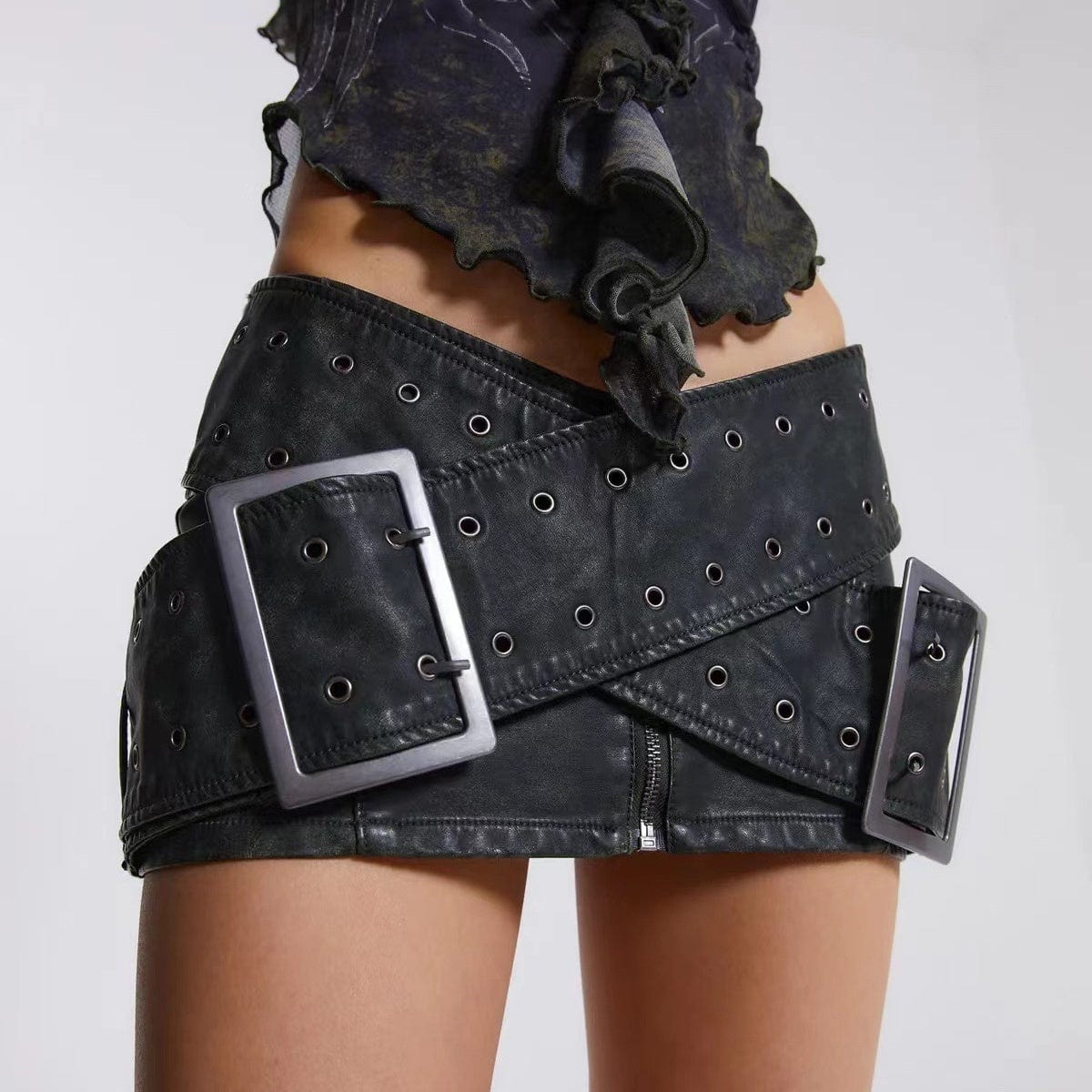 OUDINA New Fashion Washed Pu Leather Skirts Double-breasted Hot Girl Sexy Mini Low Waist Skirt For Women