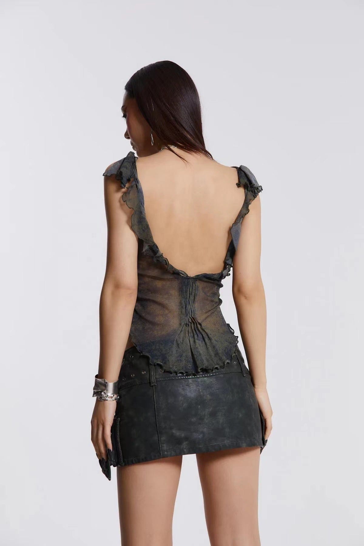 OUDINA New Fashion Washed Pu Leather Skirts Double-breasted Hot Girl Sexy Mini Low Waist Skirt For Women