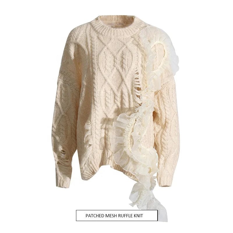 OUDINA New Fashionable Design Splicing Gauze Long Sleeve Casual Pullover Solid Color Sweater For Women