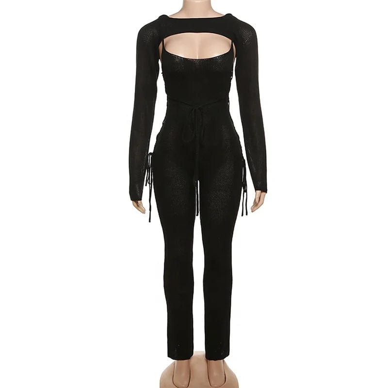 OUDINA New Fashionable Knitted Suit Blouse Suspender Low Collar Bodysuit Hollow Set For Women