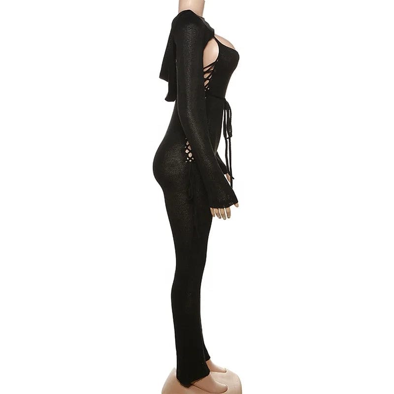 OUDINA New Fashionable Knitted Suit Blouse Suspender Low Collar Bodysuit Hollow Set For Women