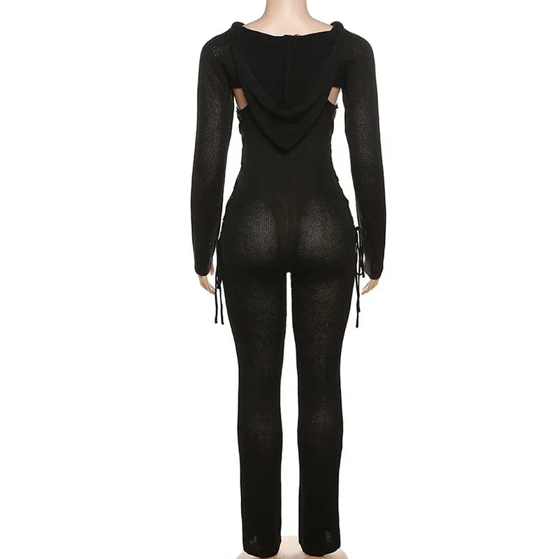 OUDINA New Fashionable Knitted Suit Blouse Suspender Low Collar Bodysuit Hollow Set For Women