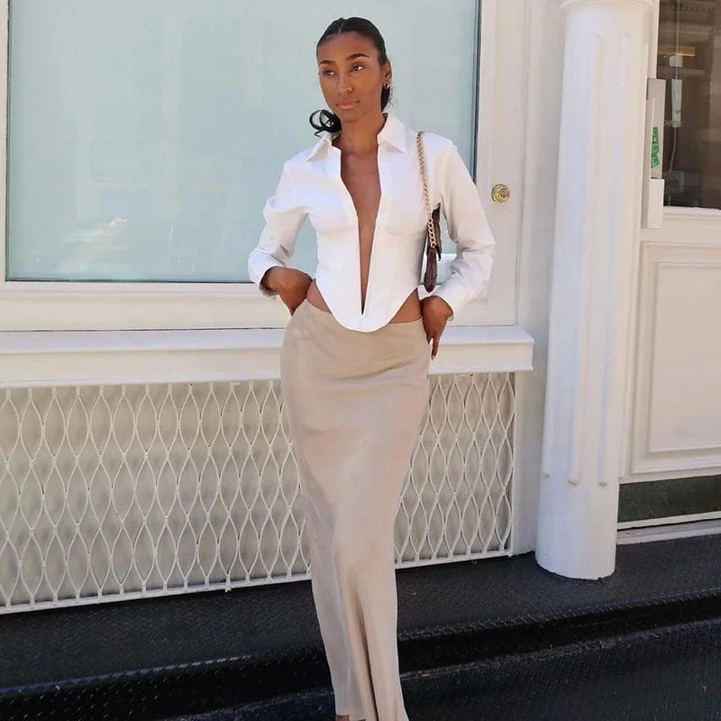 OUDINA New Fashionable Sexy Woman Tops Solid Color Hollow Lapel Slim Fit Irregular Crop Top