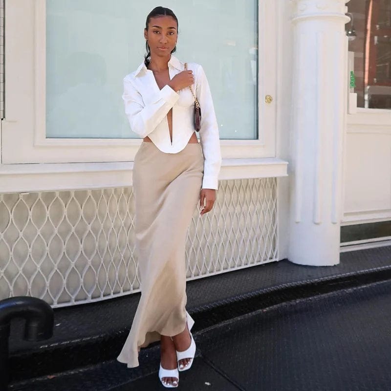 OUDINA New Fashionable Sexy Woman Tops Solid Color Hollow Lapel Slim Fit Irregular Crop Top