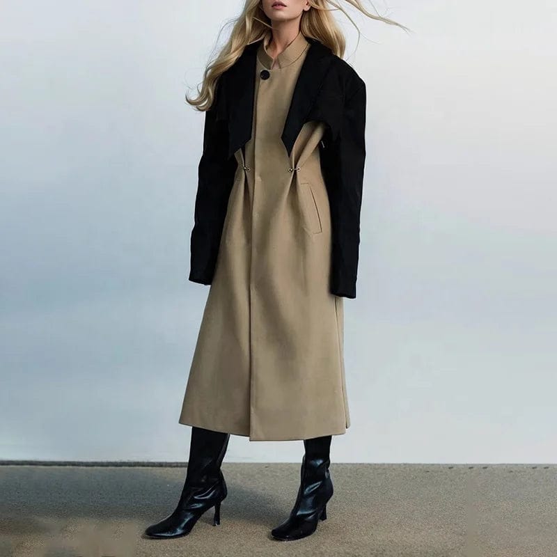 OUDINA New French Spliced Leather Two Piece Set Slimming Long Coat For Women Detachable Windbreaker Jacket