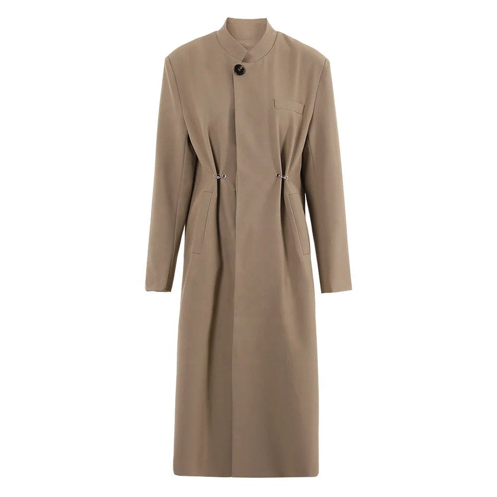 OUDINA New French Spliced Leather Two Piece Set Slimming Long Coat For Women Detachable Windbreaker Jacket