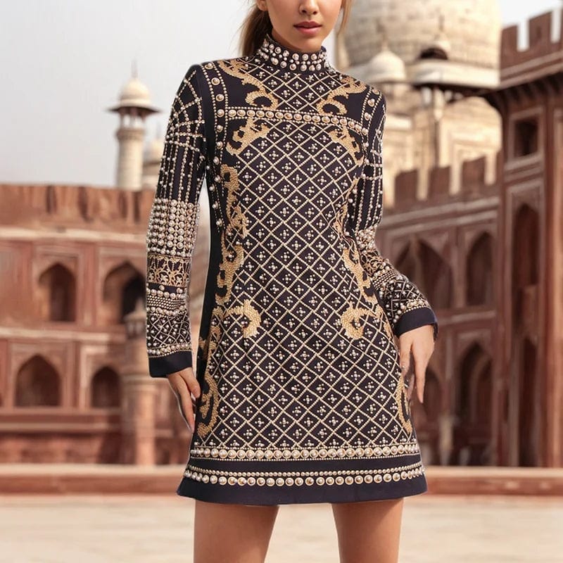 OUDINA New French Vintage Printed Bubble Beaded Design Dress For Women Long-sleeved Fashionable Short Evening Dresses