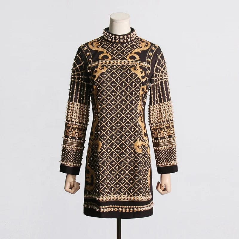 OUDINA New French Vintage Printed Bubble Beaded Design Dress For Women Long-sleeved Fashionable Short Evening Dresses