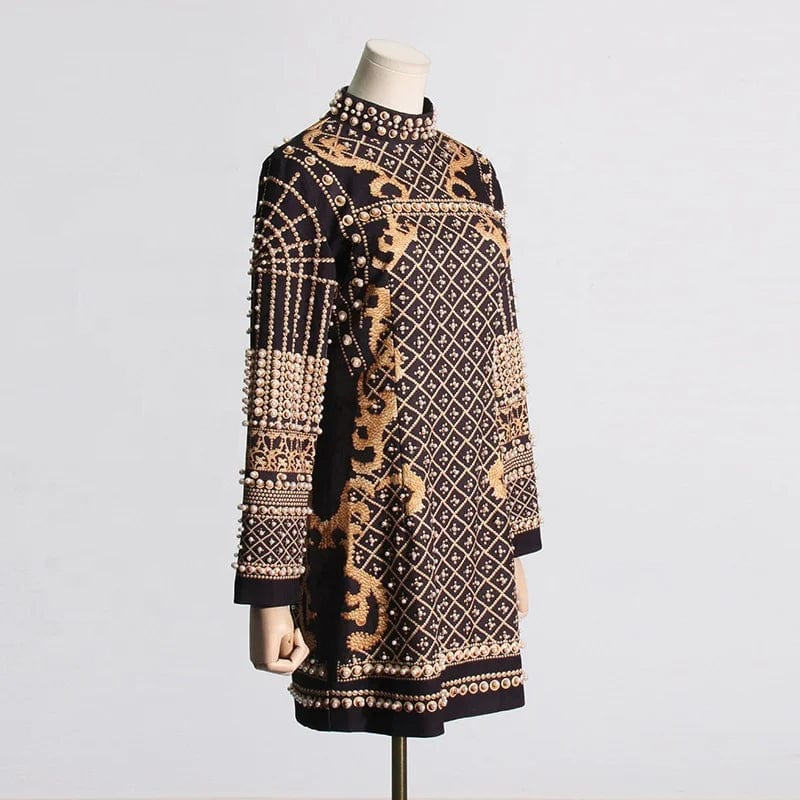 OUDINA New French Vintage Printed Bubble Beaded Design Dress For Women Long-sleeved Fashionable Short Evening Dresses