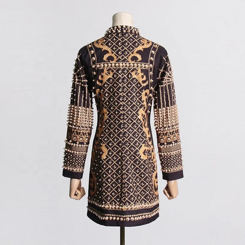 OUDINA New French Vintage Printed Bubble Beaded Design Dress For Women Long-sleeved Fashionable Short Evening Dresses