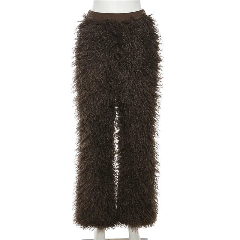 OUDINA New High-waisted Fur Pants Solid Color Women Loose Street Style Straight Long Casual Pants