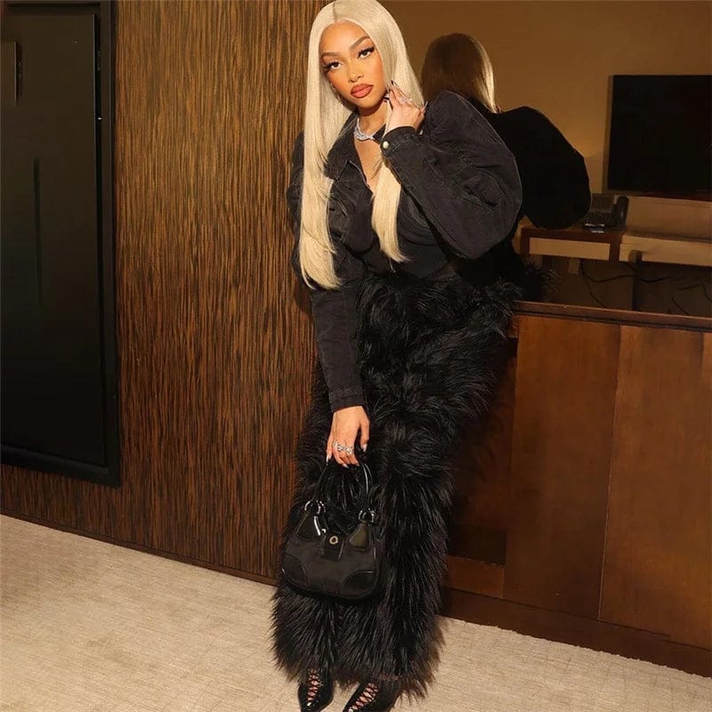 OUDINA New High-waisted Fur Pants Solid Color Women Loose Street Style Straight Long Casual Pants