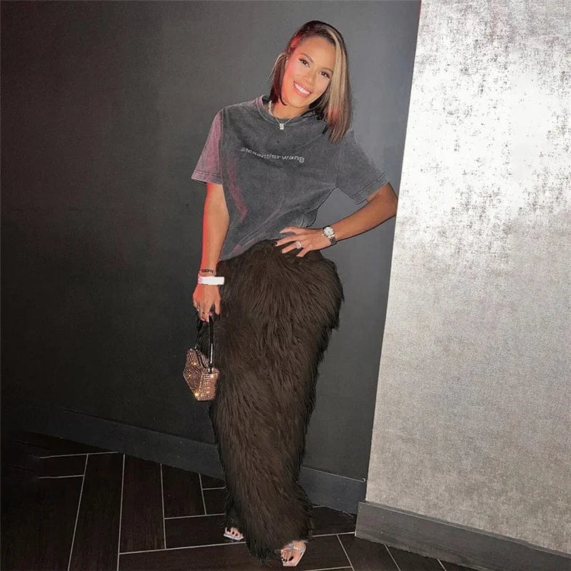 OUDINA New High-waisted Fur Pants Solid Color Women Loose Street Style Straight Long Casual Pants