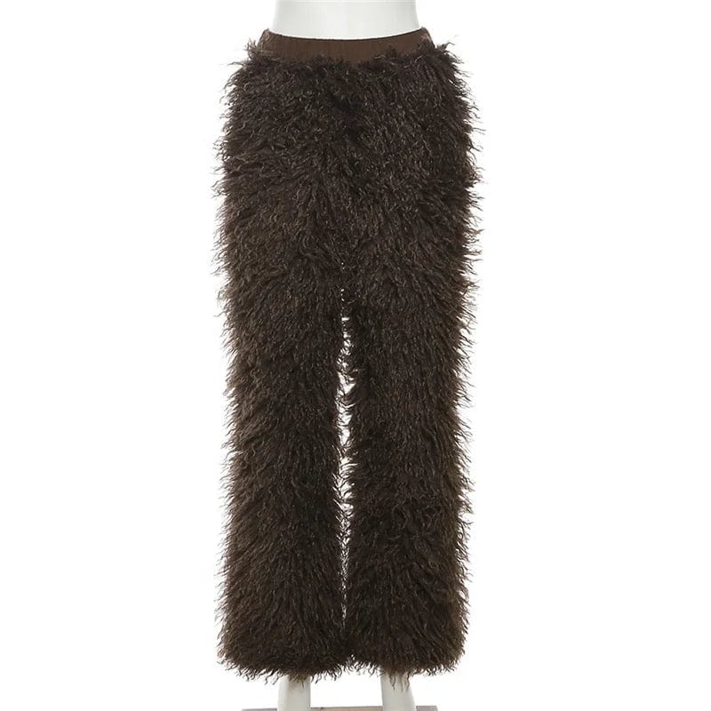 OUDINA New High-waisted Fur Pants Solid Color Women Loose Street Style Straight Long Casual Pants