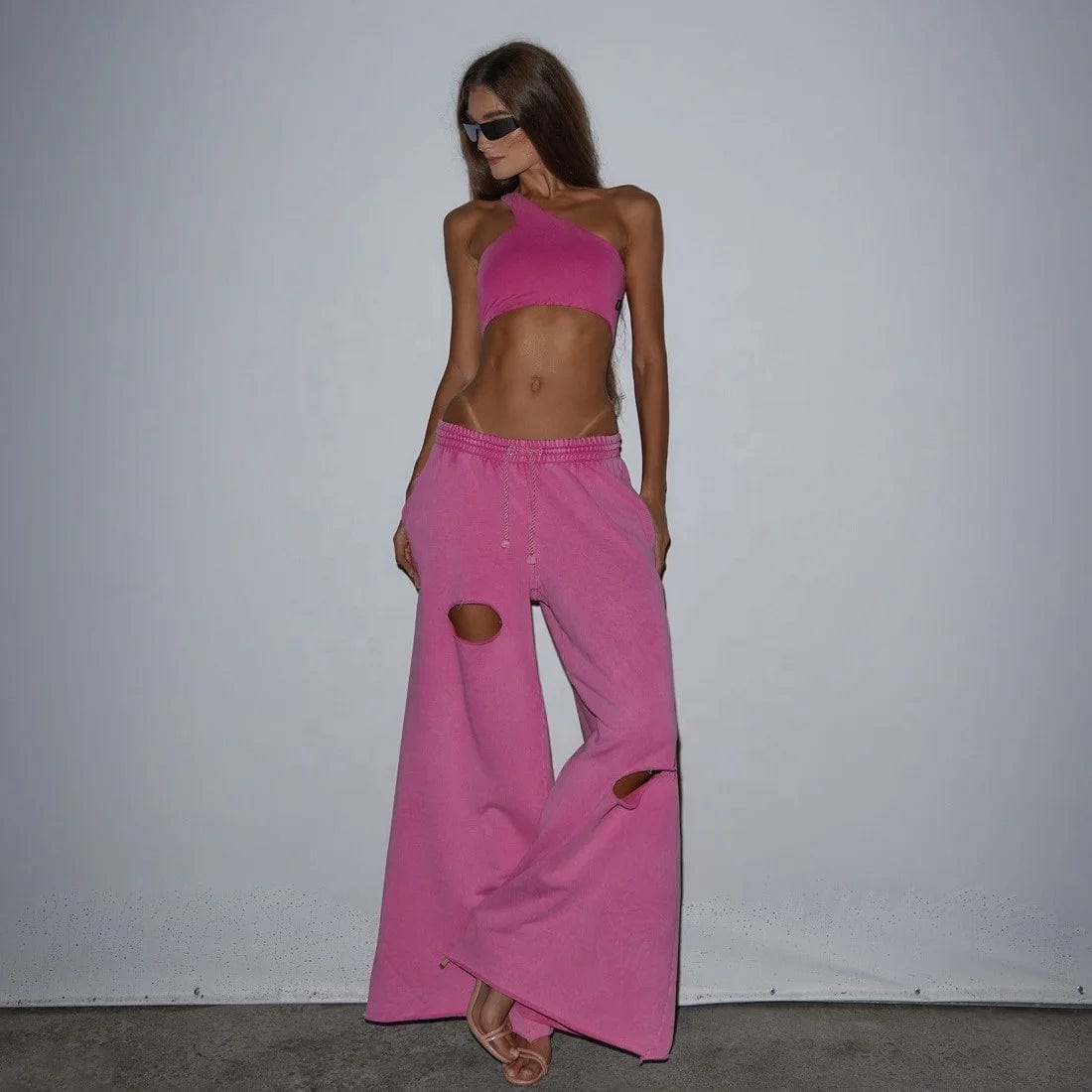 OUDINA New High-waisted Ladies Sweatpants Drawstring Wide Leg Loose Lazy Ripped Design Women's Casual Pants