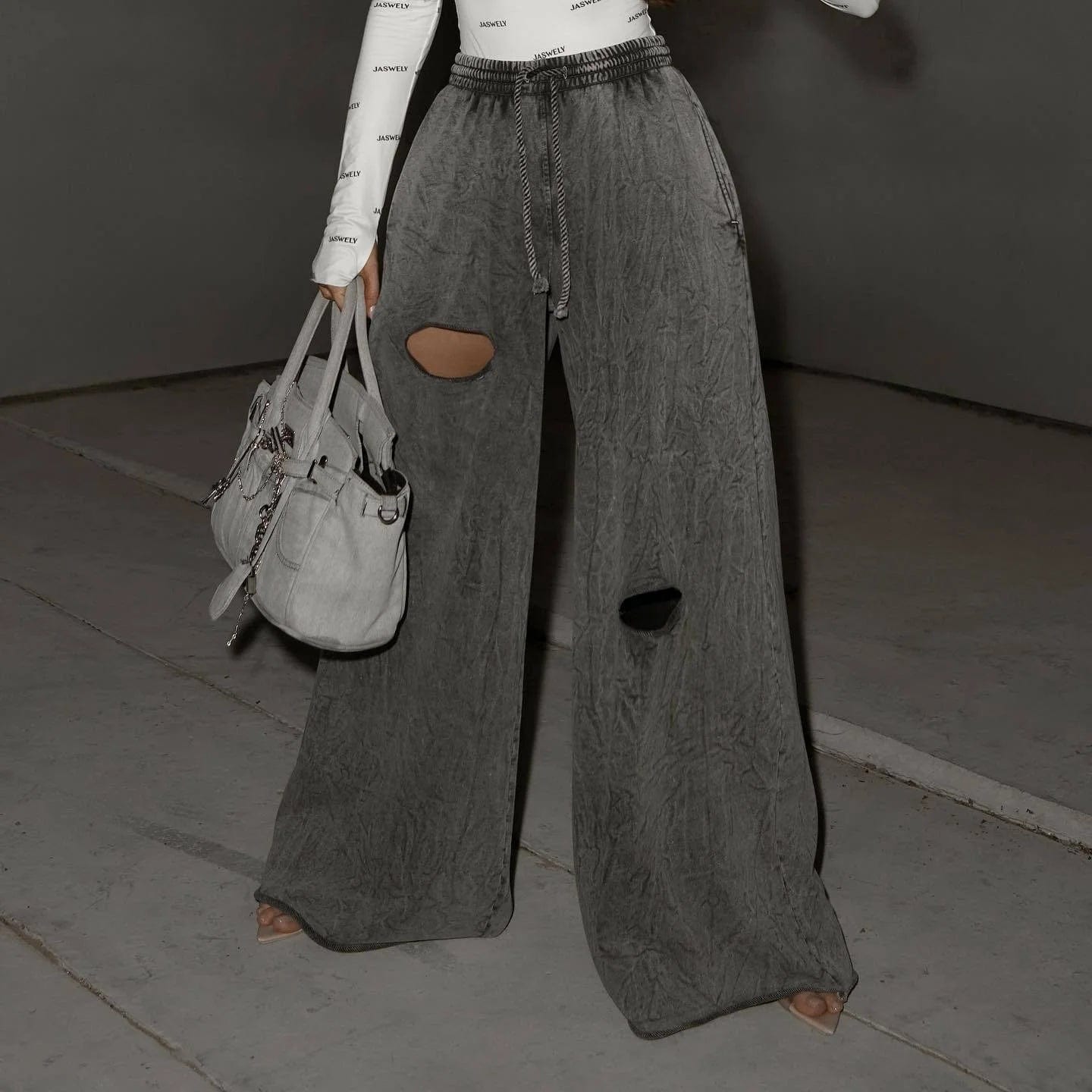 OUDINA New High-waisted Ladies Sweatpants Drawstring Wide Leg Loose Lazy Ripped Design Women's Casual Pants