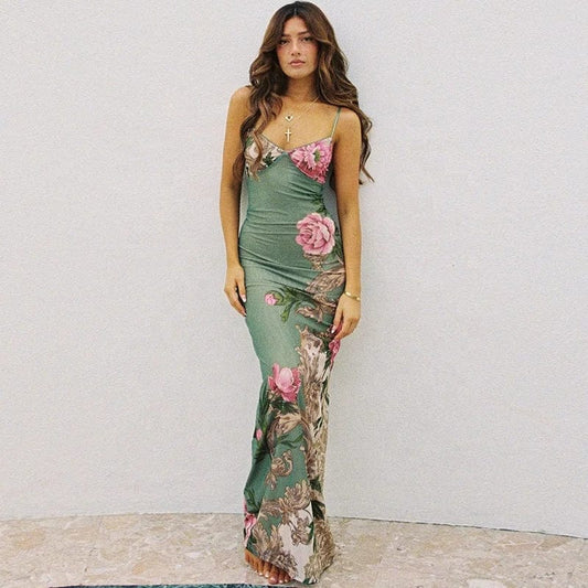 OUDINA New Holiday Style Slim Fit Dresses Fashion Printed Design Sleeveless Women's Long Dress
