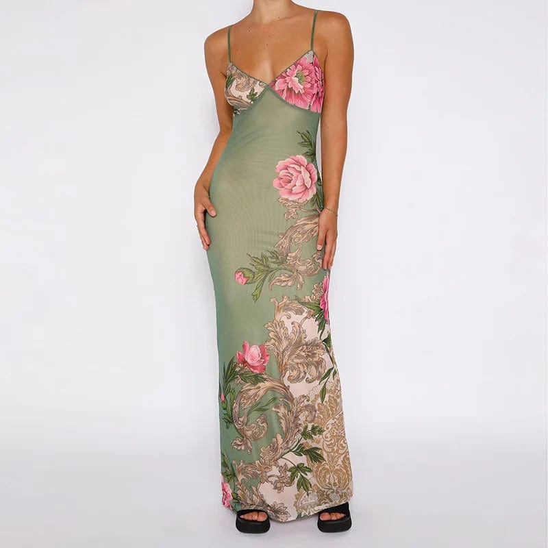 OUDINA New Holiday Style Slim Fit Dresses Fashion Printed Design Sleeveless Women's Long Dress