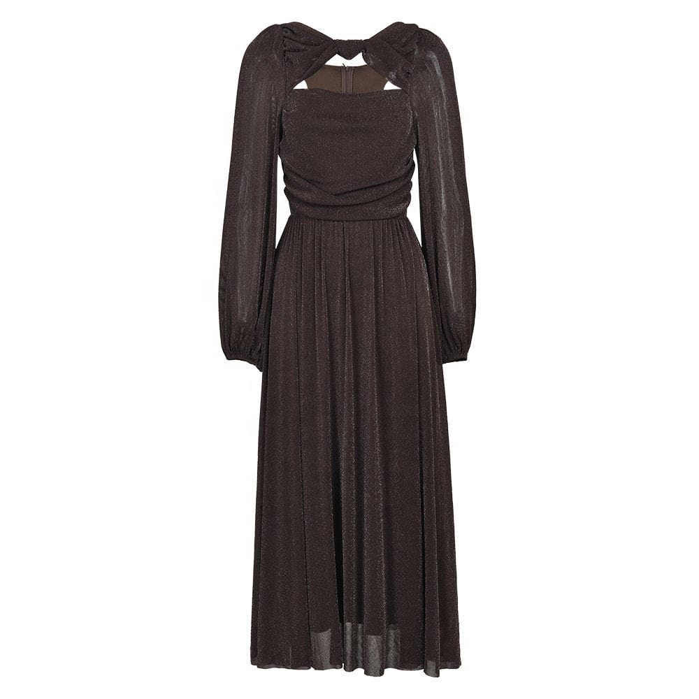 OUDINA New Hollow Stretch Lantern Sleeve Bright Silk Long Evening Dress Elegant Casual Dresses Women