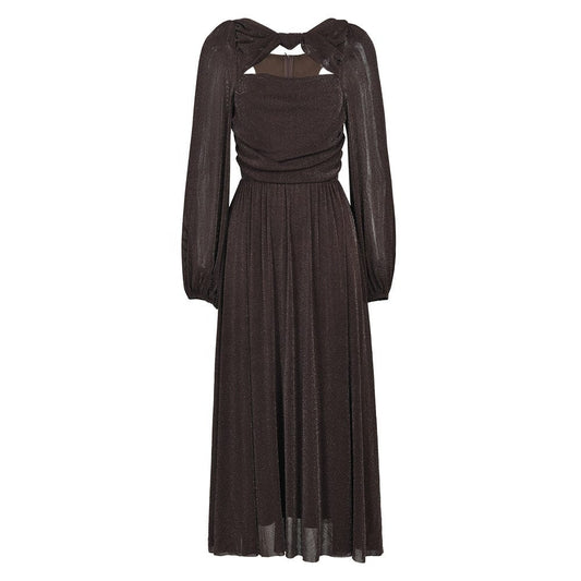 OUDINA New Hollow Stretch Lantern Sleeve Bright Silk Long Evening Dress Elegant Casual Dresses Women