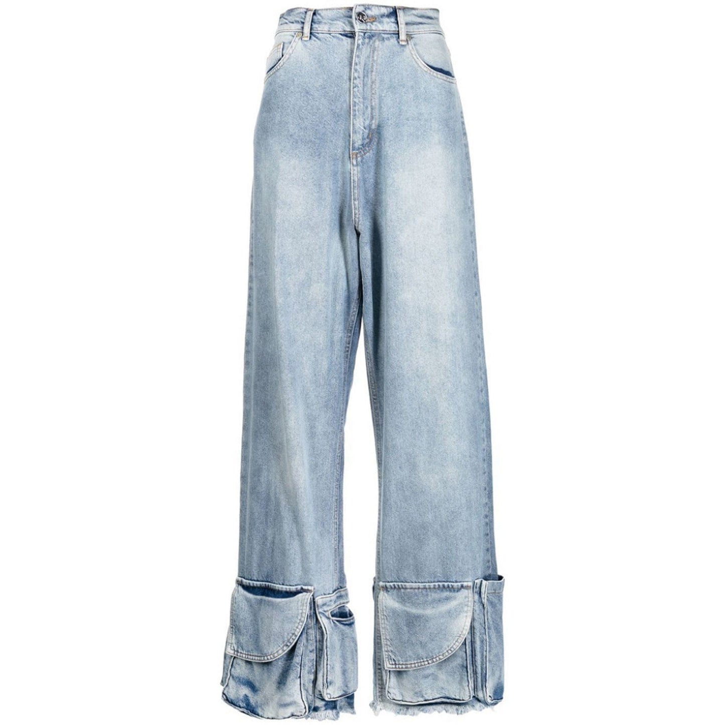 OUDINA New Multi-bag Vintage Straight Denim Mujer Trousers Women Pants Woman Wide Leg Cargo Jeans