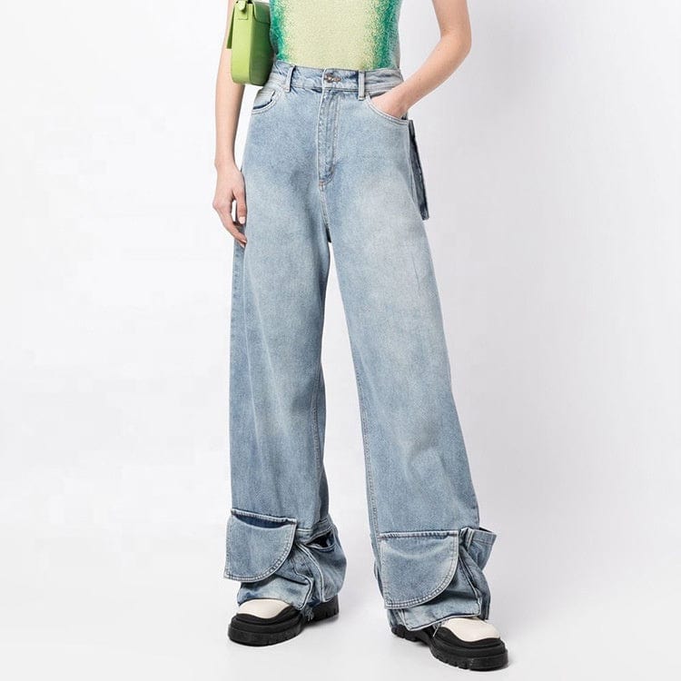 OUDINA New Multi-bag Vintage Straight Denim Mujer Trousers Women Pants Woman Wide Leg Cargo Jeans